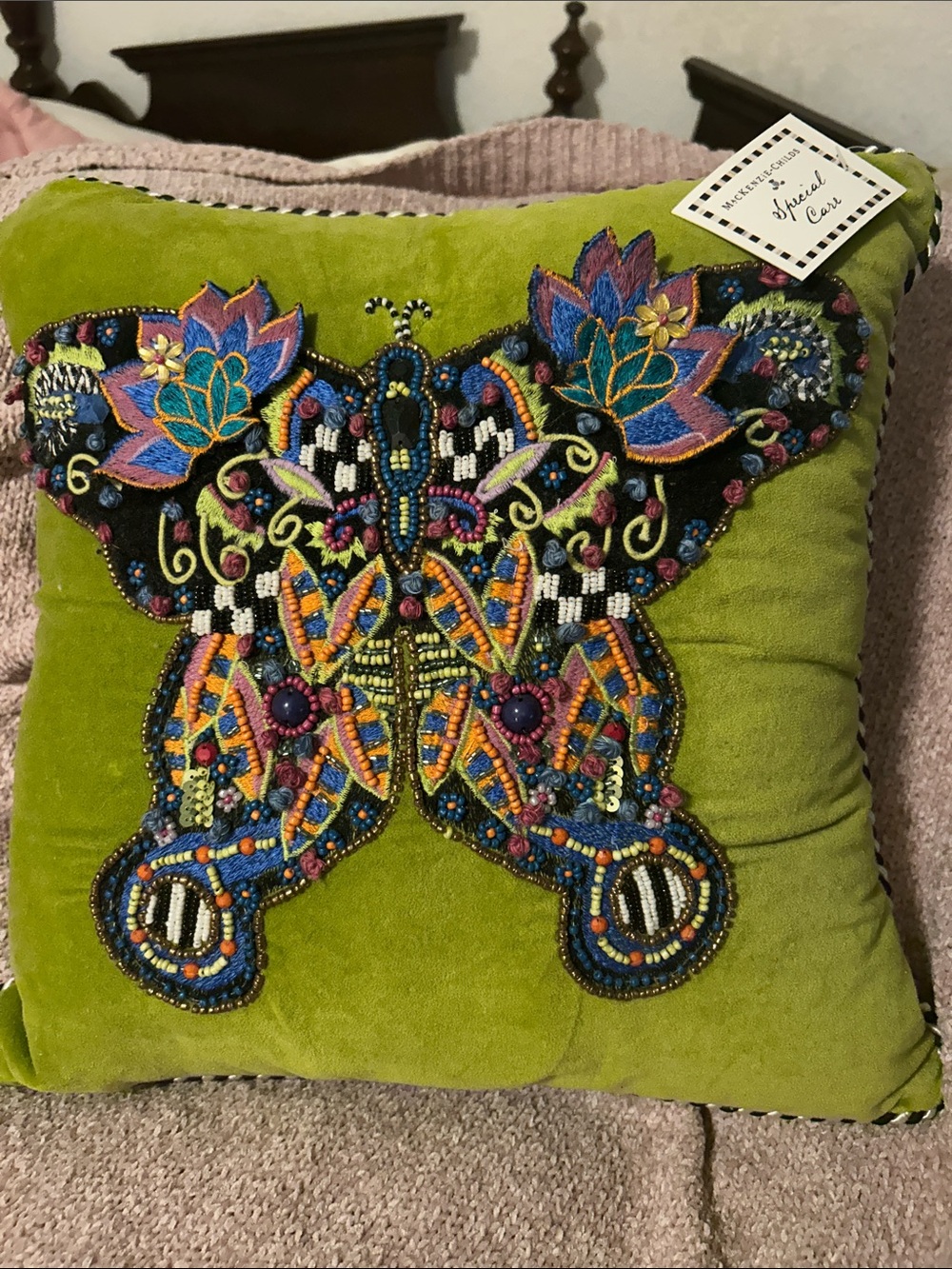 NWT. MacKenzie-Childs gorgeous Green Pillow with Trim and beaded butterfly.